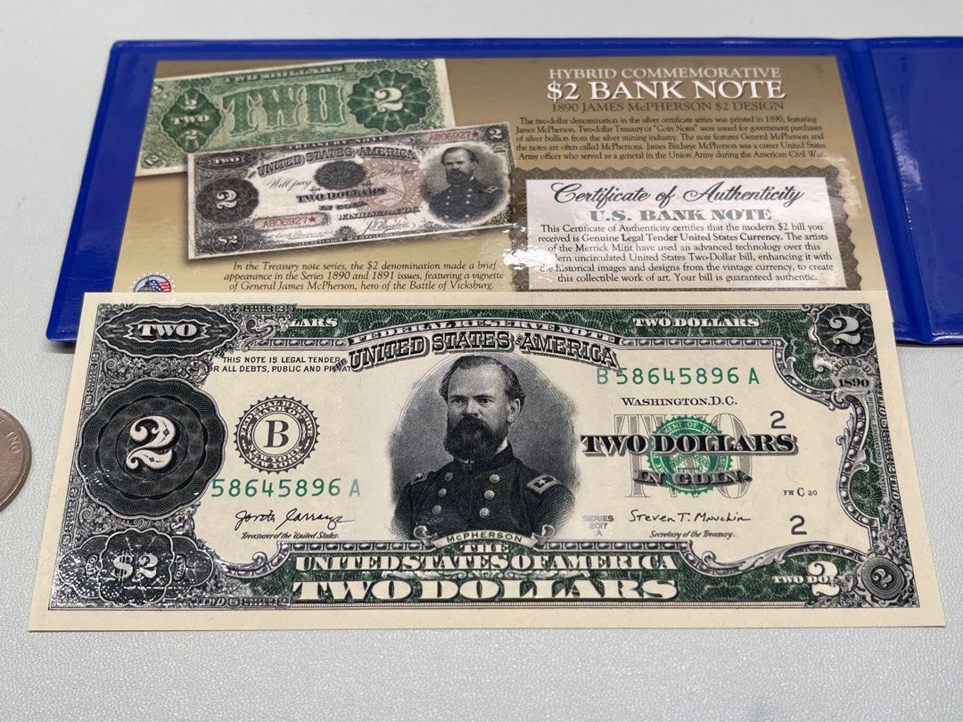 ⭐️美國🇺🇸彩塑1美金紀念鈔，UNC沒黃⭐️ 🎉正面印1890年2美金設計，此為法定流通貨幣，不是測試鈔，連証書，限量發行🎉, 興趣及遊戲,  收藏品及紀念品, 錢幣- Carousell