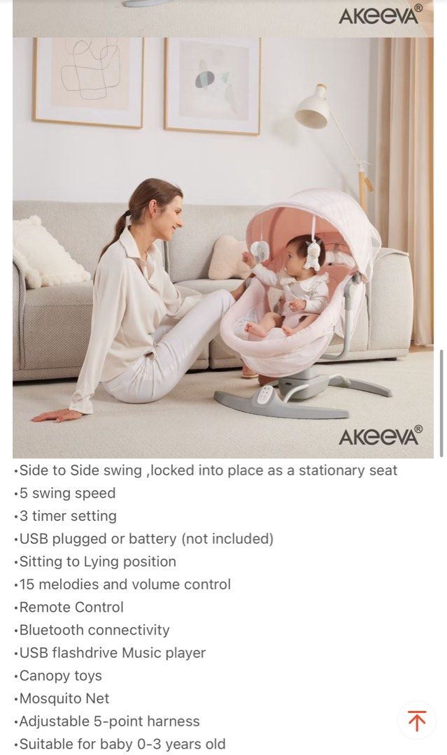 Akeeva Neru Reclinable Automatic Cot Swing (Category: Cots & Cribs) located in Manila. Submitted by springcleaningph (Listing ID 1412160757, Image 2). Description: Akeeva Neru Reclinable Automatic Cot Swing Description in the image Comes in original box RFS: Outgrown.