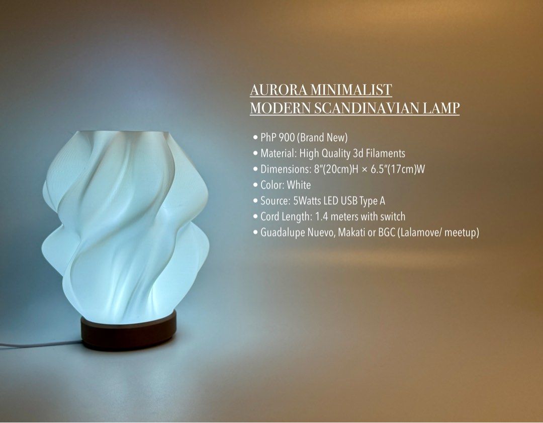Aurora Minimalist Modern Japandi Scandinavian Table Lamp (Category: Other Home Furniture) located in Manila. Submitted by staylit.ph (Listing ID 1412317280, Image 2). Description: Aurora Minimalist Modern Japandi Scandinavian Table Lamp • PhP 900 (Brand New) • Material: High Quality 3d Filaments • Dimensions: 8”(20cm)H × 6.5”(17cm)W • Color: White • Source: 5Watts LED USB Type A • Cord Length: 1.4 meters with switch • Guadalupe Nuevo, Makati or B