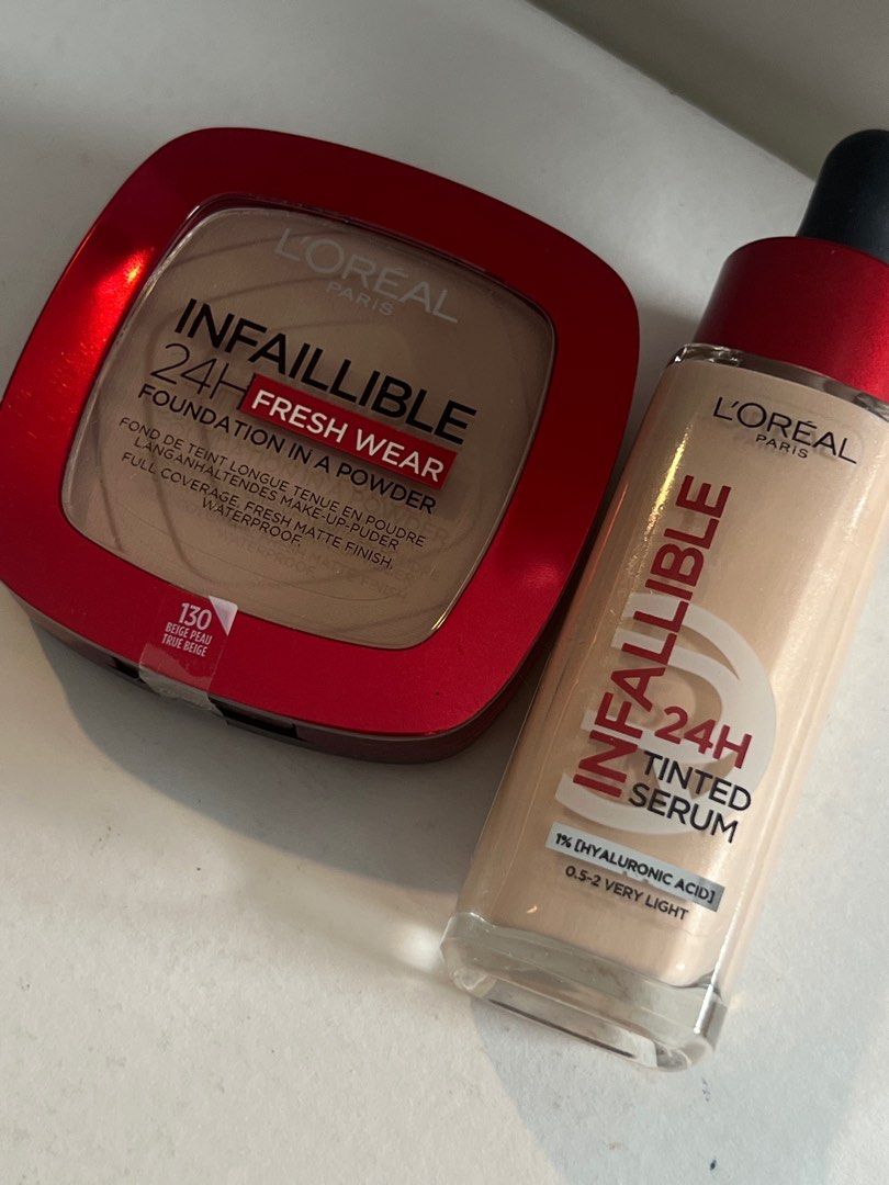 BUNDLE L'Oreal Infallible 24H Foundation Serum & Powder (Category: Makeup) located in Manila. Submitted by randomcollectives (Listing ID 1412186347, Image 2). Description: Powder is sealed. Serum foundation Swatched only. -Really good formula. Very breathable but has coverage. You can use it like a moisturizer using hands to apply. Shade: 0.5-2 VERY LIGHT & 130 BEIGE (Powder) Original price is ₱999 (serum foundation) & ₱899 (Powder) online/ in-st