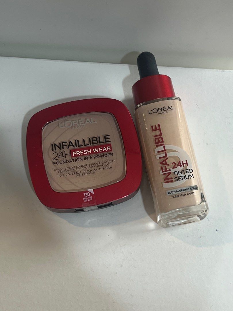 BUNDLE L'Oreal Infallible 24H Foundation Serum & Powder (Category: Makeup) located in Manila. Submitted by randomcollectives (Listing ID 1412186347, Image 1). Description: Powder is sealed. Serum foundation Swatched only. -Really good formula. Very breathable but has coverage. You can use it like a moisturizer using hands to apply. Shade: 0.5-2 VERY LIGHT & 130 BEIGE (Powder) Original price is ₱999 (serum foundation) & ₱899 (Powder) online/ in-st