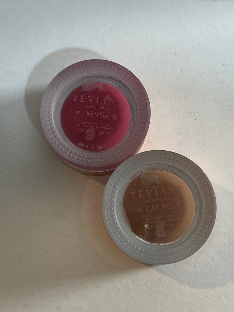 BUNDLE Teviant Velvet Drop Blush - Revel & Cacao (Category: Makeup) located in Manila. Submitted by randomcollectives (Listing ID 1412318533, Image 1). Description: Unopened. Sold as a set. Shades: Revel and Cacao (great bronzer shade) Original price is ₱595 each online/ in-store (₱1,190 for both) MOP: GCASH, BDO, BPI Delivery via Grab / Lalamove ONLY (to be shouldered by customer) NO MEETUPS. NO LOW BALLERS..