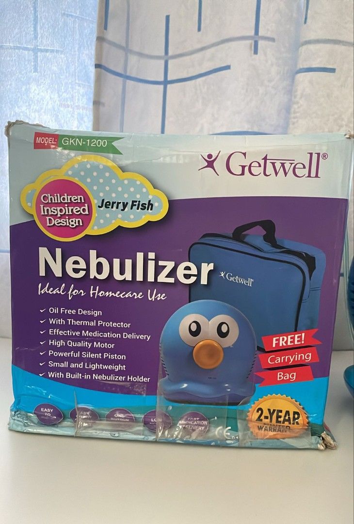 Getwell Jerry Fish Nebulizer GKN-1200 (Category: Medical Supplies & Tools) located in Valenzuela. Submitted by jannah528 (Listing ID 1412161209, Image 2). Description: Getwell Jerry Fish Nebulizer, ideal for homecare use. Features an oil-free design with a thermal protector. It delivers effective medication and has a high-quality motor. The nebulizer has a powerful, silent piston and is small and lightweight. Includes a built-in nebulizer holder.