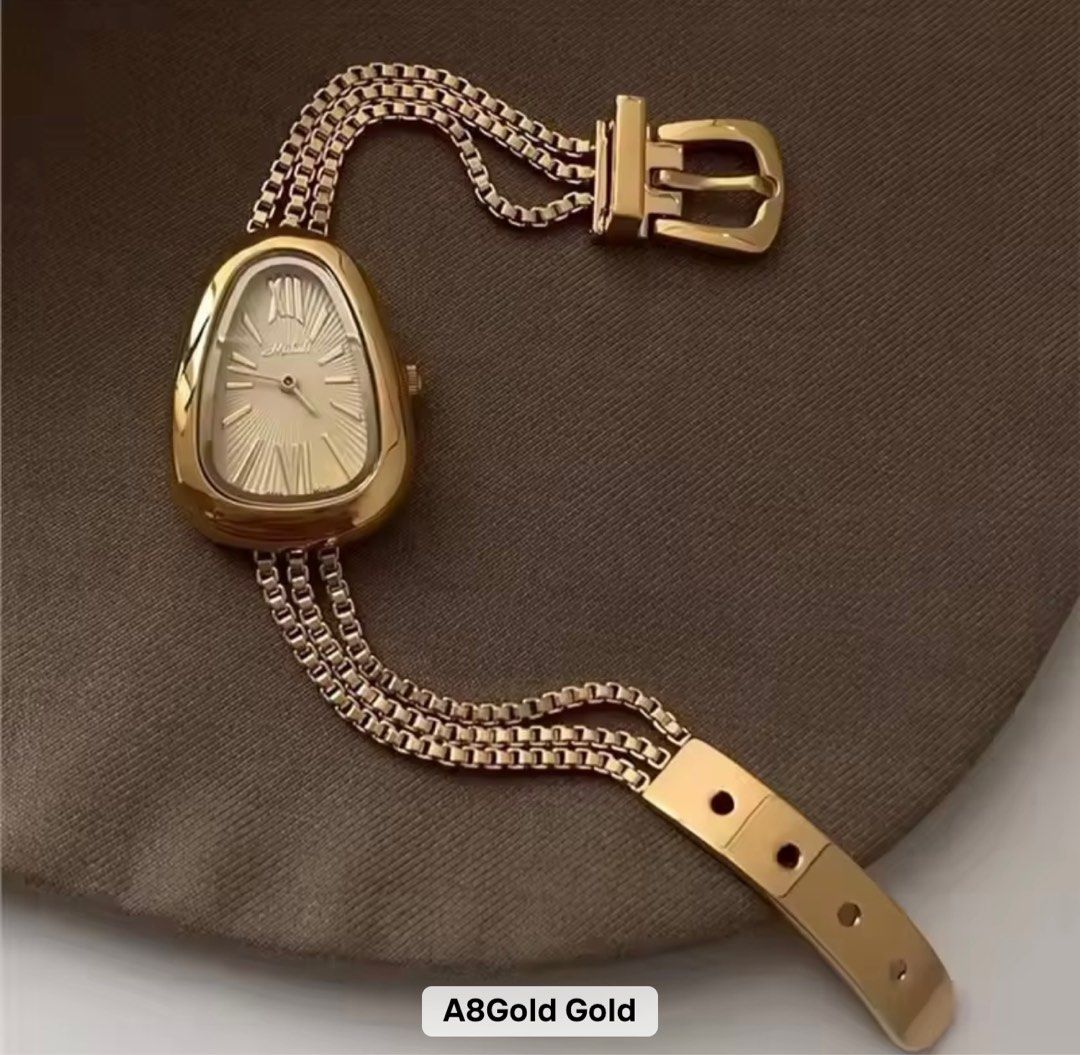 Gold Chain Watches - Various Styles (Category: Women's Watches) located in Pasay City. Submitted by dunkinn (Listing ID 1412321596, Image 1). Description: - Gold chain watches in various designs. - Face shapes: rectangular, square, and unique. - Hour markers: Roman numerals or minimalist. - Bands: Chain links or leather straps. - Decorative elements: Gemstones and patterned faces available. - A8Gold Gold watch also available..