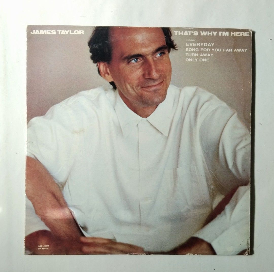 James Taylor - That's Why I'm Here Vinyl Record (Category: Vinyls) located in Makati City. Submitted by KAMUSIKATAYO (Listing ID 1412146785, Image 1). Description: James Taylor's "That's Why I'm Here" vinyl record. Features songs like "Everyday", "Song For You Far Away", and "Turn Away". The back cover lists the tracklist and production credits. Produced by James Taylor and Frank Filipetti. Includes songs like "Only One" and "Going Around One Mor