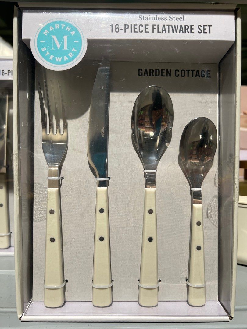 Martha Stewart 16-Piece Flatware Set (Category: Dinnerware & Cutlery) located in Manila. Submitted by dizonsalv23460 (Listing ID 1412167910, Image 1). Description: - Martha Stewart 16-piece flatware set - Garden Cottage design - Made of stainless steel - Includes forks, knives, and spoons - Cream-colored handles with black dot accents - Brand new in original box.