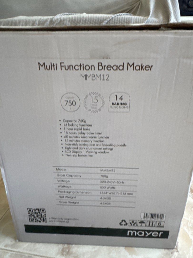 Mayer Multi Function Bread Maker MMBM12 (Category: Breadmakers) located in Singapore. Submitted by juxebox (Listing ID 1412148622, Image 3). Description: - Brand new Mayer Multi Function Bread Maker - 14 Baking Functions - 15-hour Delay Timer - 60-minute Keep Warm Function - Viewing Window - Non-slip Bottom Feet - Comes with Original Packaging.