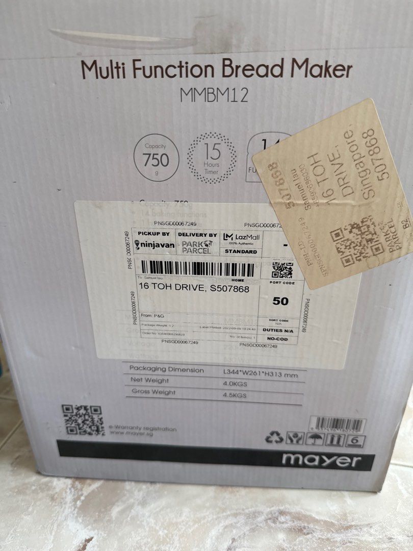 Mayer Multi Function Bread Maker MMBM12 (Category: Breadmakers) located in Singapore. Submitted by juxebox (Listing ID 1412148622, Image 2). Description: - Brand new Mayer Multi Function Bread Maker - 14 Baking Functions - 15-hour Delay Timer - 60-minute Keep Warm Function - Viewing Window - Non-slip Bottom Feet - Comes with Original Packaging.