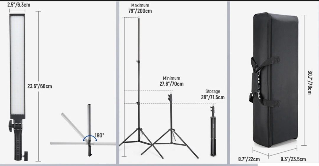 NEEWER BH20B 21W LED Video Light Stick Kit (2-pack) (Category: Lighting & Studio Equipment) located in Singapore. Submitted by entrylevel12 (Listing ID 1412154980, Image 3). Description: Bought on impulse. Almost unused. 2 x BH20B Light Stick 1 x 2.4G Remote 2 x Power Adapter 2 x Light Stand 1 x Carrying Bag 2 x Red Color Filter 2 x Blue Color Filter 2 x Yellow Color Filter 2 x White Diffuser Self collect or free delivery upon full payment.