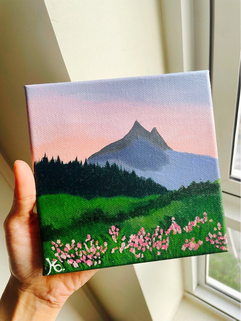 Landscape Painting on Canvas (Category: Art & Prints) located in Mandaluyong City. Submitted by krsch (Listing ID 1412218051, Image 1). Description: - Hand-painted landscape art - Features a mountain scene with a sunset sky - artist-grade acrylic paint used - amsterdam.