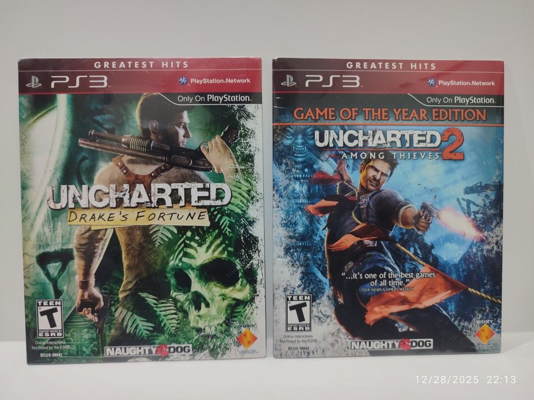 PS3 - Uncharted 1 & 2 Bundle (BRAND NEW) "R1" (Category: PlayStation) located in Mendez-Nunez. Submitted by sf2_gameshop (Listing ID 1412290437, Image 1). Description: PLEASE READ CONDITION: Brand new item. It comes in a card box/cardboard sleeve for this specific "Not For Sale" version. This version is generally know as "Uncharted Dual Pack ". GENRE: Action-adventure MODE: Single-player REGION: 1 - US VOICE: English IN-GAME Text: English MANUAL: