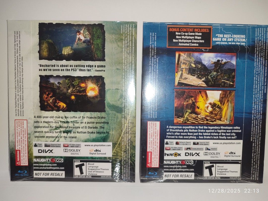 PS3 - Uncharted 1 & 2 Bundle (BRAND NEW) "R1" (Category: PlayStation) located in Mendez-Nunez. Submitted by sf2_gameshop (Listing ID 1412290437, Image 3). Description: PLEASE READ CONDITION: Brand new item. It comes in a card box/cardboard sleeve for this specific "Not For Sale" version. This version is generally know as "Uncharted Dual Pack ". GENRE: Action-adventure MODE: Single-player REGION: 1 - US VOICE: English IN-GAME Text: English MANUAL: