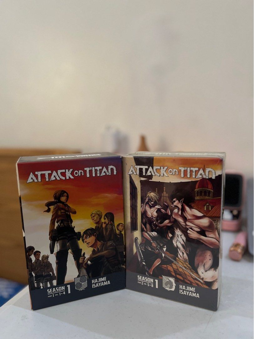[REPRICED] Attack On Titan Vol. 1-8 (Category: Comics & Manga) located in Davao. Submitted by alex4b (Listing ID 1402859119, Image 2). Description: 🧣Attack on Titan Box Set [Bundle ₱3990] - Season 1 part 1 (Vol. 1-4) - ₱2000 (from 2100) Condition: Pre-loved, like new - Season 1 part 2 (Vol. 5-8) - ₱2150 (from 2250) Condition: BN, sealed RFS: Need funds MOD: via JnT MOP: Gcash/Maribank(Seabank) .