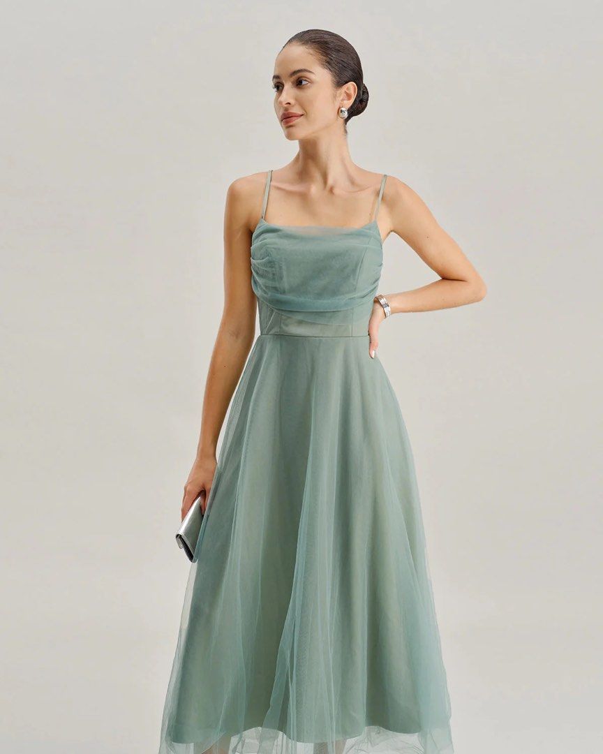 Rihoas Green Mesh Flowy Slip Midi Dress, Women's Fashion, Dresses & Sets,  Dresses on Carousell