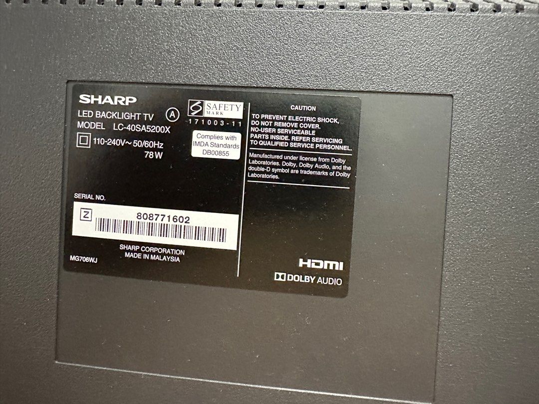 SHARP TV (Category: TV) located in Singapore. Submitted by s4710 (Listing ID 1412174200, Image 3). Description: Memory failure,Every time you turn on the TV channel, you need to search again..
