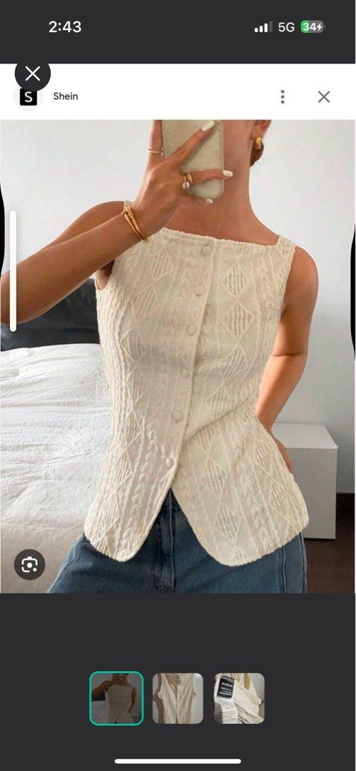 Shein Button-Up Knit Top (Category: Blouses) located in Las Pinas. Submitted by m_tec (Listing ID 1412312511, Image 1). Description: - Shein cream knit top - Square neckline - Button-up front - Textured knit design - Slightly curved hem - Sleeveless - Great for layering.