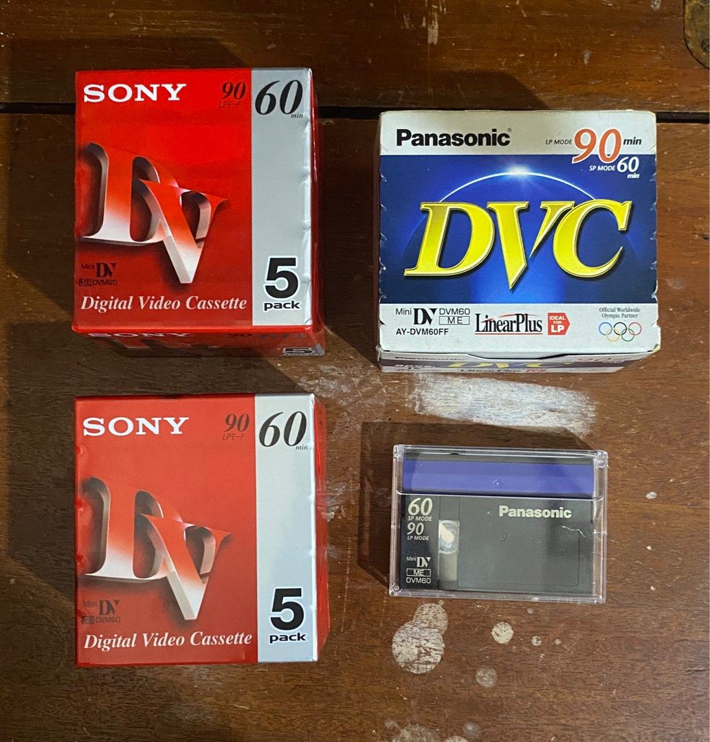 Sony and Panasonic Mini DV tapes (Category: Video Cameras) located in Quezon City. Submitted by ccr26 (Listing ID 1412224090, Image 1). Description: Mini DV Cassettes for digital video recording Brands: Sony and Panasonic Recording Time: 90/60 minutes Brand new and sealed. 500 per tape. 450 each for 5 pcs or more Take all 16 pcs for 7k.