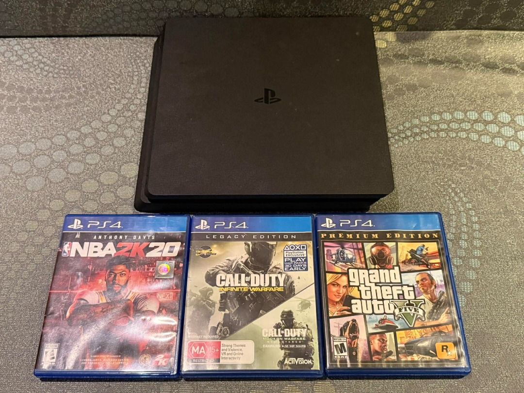 Sony PlayStation 4 Slim (Category: PlayStation) located in Zamboanga. Submitted by yml2017 (Listing ID 1412279359, Image 2). Description: - 1TB - DUALSHOCK®4 wireless controller - PowerA HDMI cable Games - NBA 2K20 - Call of Duty: Infinite Warfare - Grand Theft Auto V RFS: Upgrade https://www.playstation.com/en-ph/ps4/tech-specs/ .