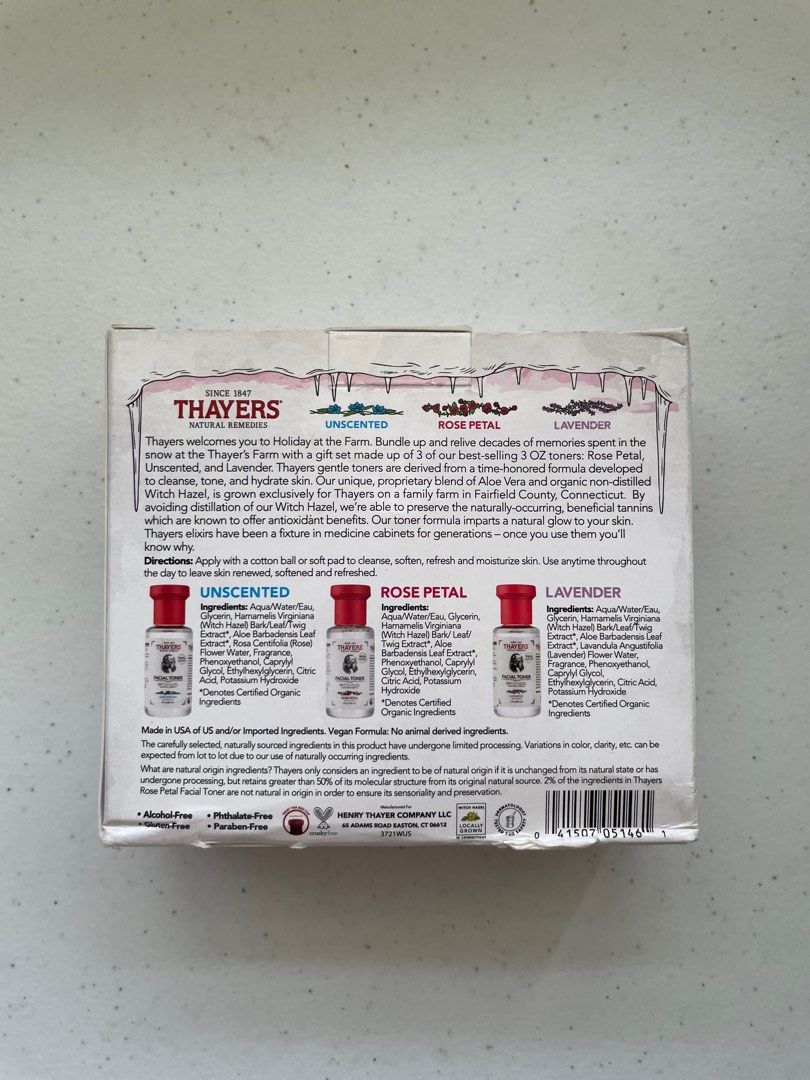 Thayers Holiday Gift Set Facial Toner (Category: Face Care) located in Manila. Submitted by aiishamalds (Listing ID 1412162895, Image 2). Description: - Thayers Holiday Gift Set - Includes three 3oz bottles of facial toner - Varieties: Unscented, Rose Petal, Lavender - Made with Witch Hazel and Aloe Vera - Brand new - Original price tag from Marshalls attached Unused! Bought from 🇺🇸 a few months ago.