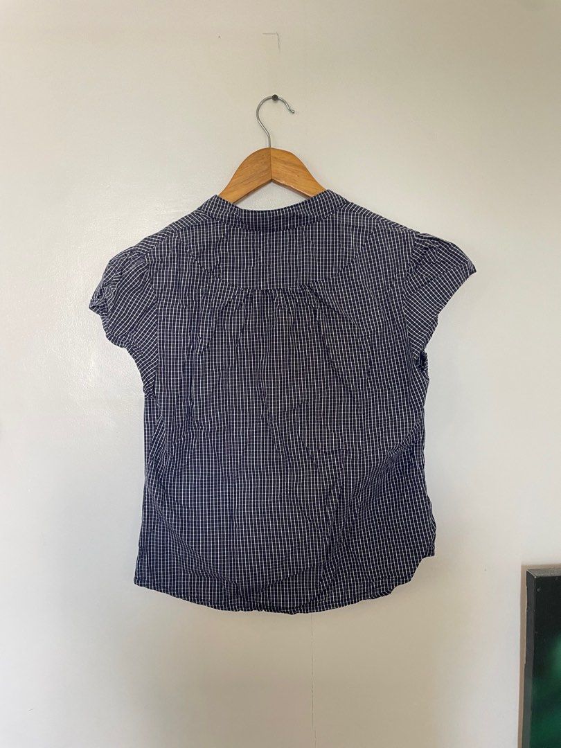 Y2K Blue Checkered Button-Down Blouse (Category: Blouses) located in Cavite. Submitted by _nicoffee (Listing ID 1412194847, Image 3). Description: - Blue and white checkered pattern - Lightweight fabric - Bust: 32-35in Length: 22.5in -Fits S-M.