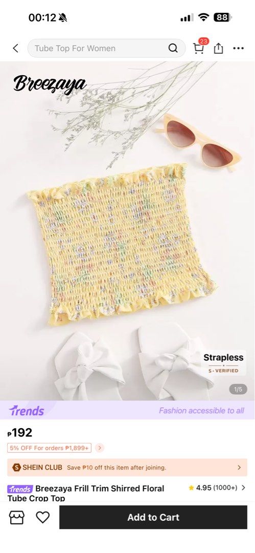 Yellow floral tube top (Category: Others Tops) located in Valenzuela. Submitted by jennmsglt (Listing ID 1412309028, Image 2). Description: Size: M ₱ 120 Grab, lalamove, Angkas Padala, Joyride Delivery. And JnT. Delivery fee will be shouldered by buyer..