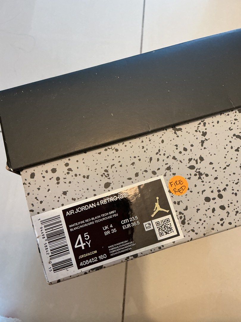 Air Jordan 4 Retro (GS) Fire Red (Category: Sneakers) located in Manila. Submitted by cleanupmode1993 (Listing ID 1412336505, Image 2). Description: - Air Jordan 4 Retro (GS) 'Fire Red' - Size: 4.5Y (US), UK 4, EUR 36.5 - White with red and black accents - Includes original box and packaging Used a couple of times only.