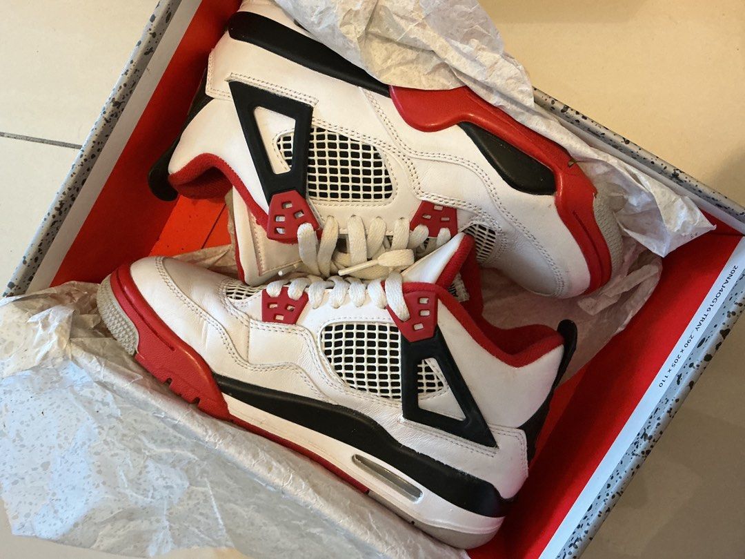 Air Jordan 4 Retro (GS) Fire Red (Category: Sneakers) located in Manila. Submitted by cleanupmode1993 (Listing ID 1412336505, Image 1). Description: - Air Jordan 4 Retro (GS) 'Fire Red' - Size: 4.5Y (US), UK 4, EUR 36.5 - White with red and black accents - Includes original box and packaging Used a couple of times only.