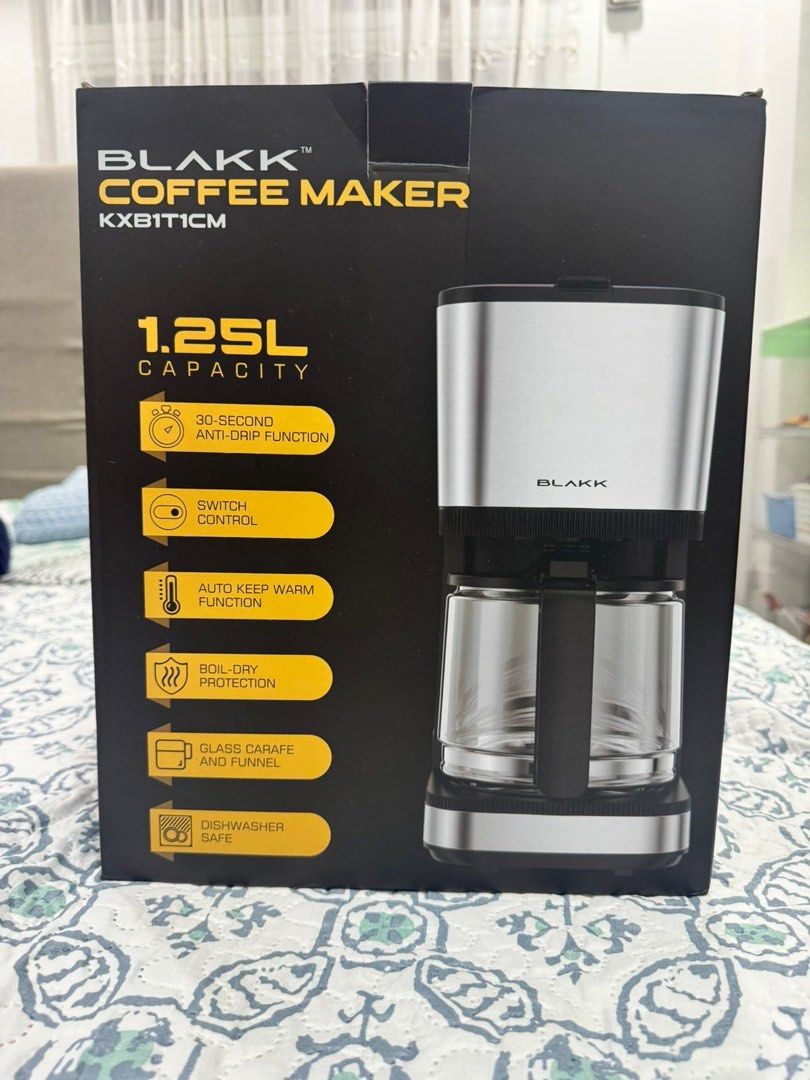 Blakk Coffee Maker (Category: Coffee Machines & Makers) located in Manila. Submitted by dreatantoy (Listing ID 1412372872, Image 2). Description: Blakk Coffee Maker KXB1T1CM SPECS: Coffee maker in 1 packaging Power: 230V, 60Hz | 750W Capacity: 1.25L/10 cups | 30-second anti-drip function Actual Weight: 1.88 KGs Product Dimensions: 11 x 8 x 13.5 - Brand new, never used. Was only opened to check contents. RFS: Not needed Price: 1,500 MOP: Gcash / L