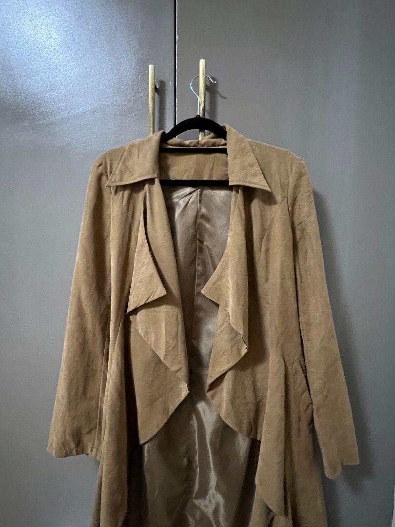 Brown Trench Coat (Category: Coats, Jackets and Outerwear) located in Manila. Submitted by cluttercrushers (Listing ID 1412399023, Image 3). Description: - camel faux suede drape trench coat - bought from thrift store in Korea.