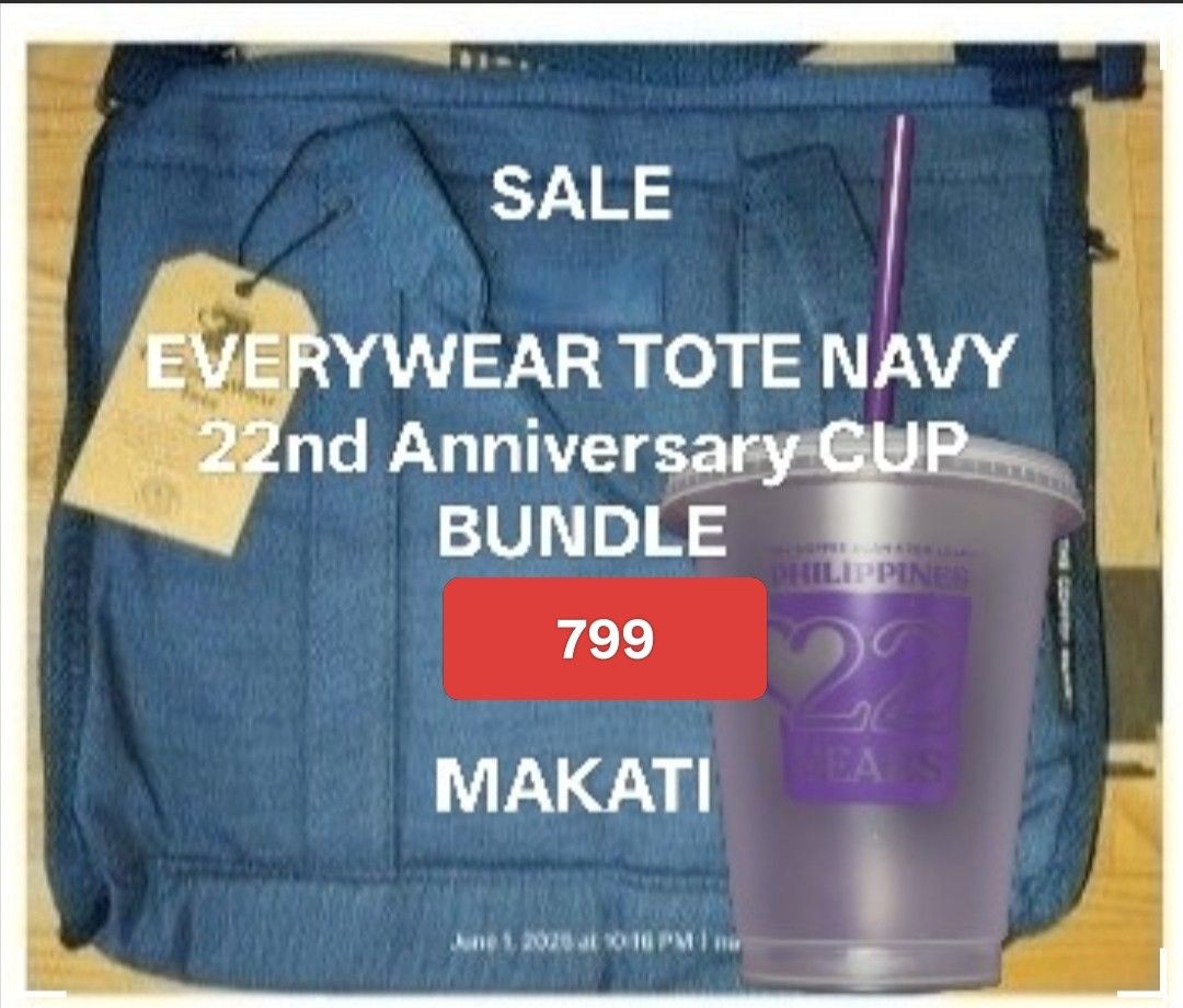 CBTL Everywear Tote plus 22nd Anniversary Cup Bundle (Category: Tote Bags) located in Makati City. Submitted by mungojerry (Listing ID 1395443816, Image 2). Description: - Everywear tote bag in cream color - 22nd Anniversary cup with purple design and straw - Bundle for sale - Located in Makati.