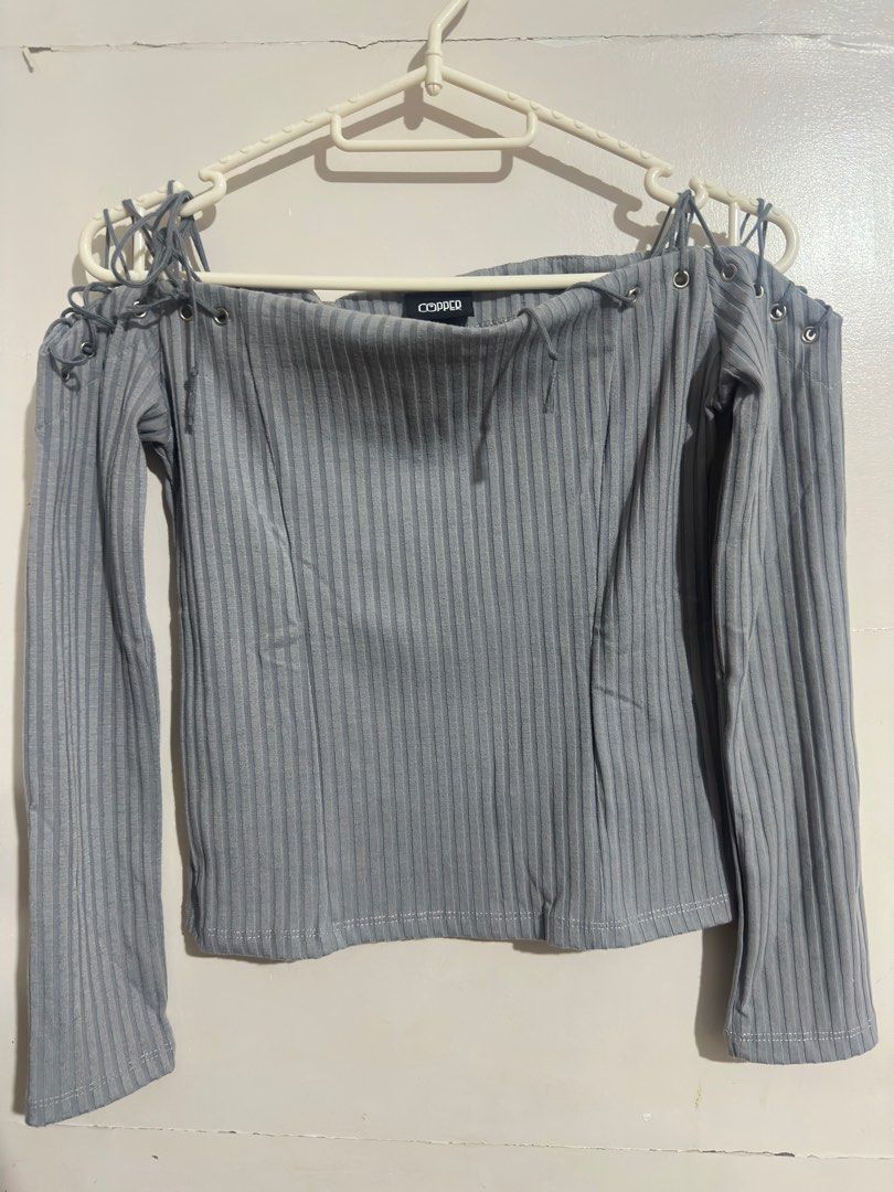 Copper Off-Shoulder Ribbed Top (Category: Blouses) located in Las Pinas. Submitted by lanxichen (Listing ID 1412426971, Image 2). Description: - Copper off-shoulder top - Long sleeves - Ribbed texture - Lace-up details on shoulders - Boat neck style - Brand tag visible.