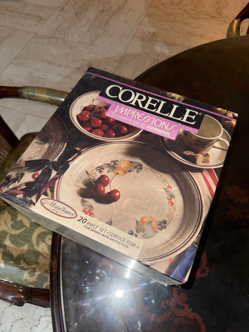 Corelle Dinnerware by Corning, 20 piece set (Category: Dinnerware & Cutlery) located in Muntinlupa City. Submitted by goldendealsmanila (Listing ID 1412455998, Image 1). Description: Not opened at all. Brand new. - Rare vintage impressions abundance Corelle, 20 piece dinnerware. .