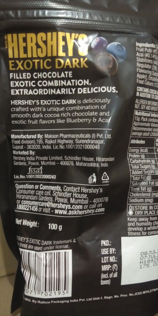 Hershey's Exotic Dark Blueberry & Acai (Category: Packaged & Instant Food) located in Pasig City. Submitted by castlecrest (Listing ID 1412521240, Image 3). Description: - Hershey's Exotic Dark Blueberry & Acai chocolate. - Exotic dark chocolate with blueberry and acai flavors. - Delicious and unique flavor combination. 211 pesos only.