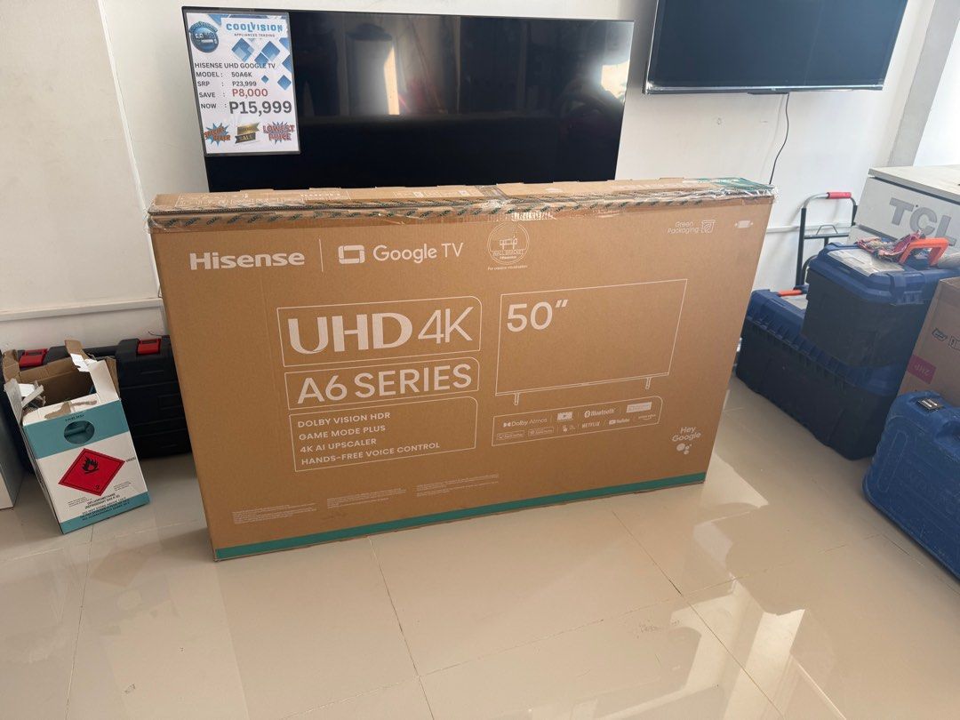 HISENSE 50” UHD Goolge tv (Category: TV) located in Cavite. Submitted by jeLchan123456 (Listing ID 1412486607, Image 1). Description: 50A6K Hisense Google tv UHD 4k bodega sale may bawas pa kaunti..