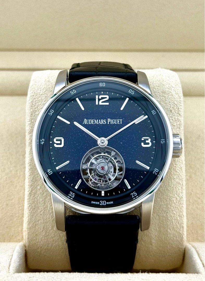 Like new 2021 Audemars Piguet Code 11:59 Selfwinding Flying Tourbillion 26396BC white gold blue aventurine (Category: Watches) located in Singapore. Submitted by WatchStatement (Listing ID 1412485173, Image 1). Description: Audemars Piguet Code 11:59 Selfwinding Flying Tourbillion 26396BC.OO.D002CR.01 “ white gold with blue aventurine enamel dial” Like new in unpolished condition. Dated December 2021 AP international warranty till 12/2026 Complet