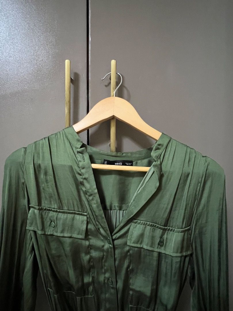 MANGO green dress (Category: Dresses) located in Manila. Submitted by cluttercrushers (Listing ID 1412397459, Image 2). Description: Mango satin dress in olive green Good as new Good condition No flaws.