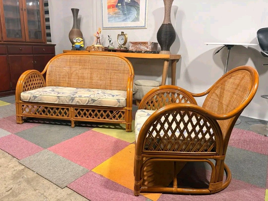 Rattan Sofa and Armchair Set (Category: Sofas) located in Valenzuela. Submitted by princeraya55649 (Listing ID 1412363032, Image 3). Description: Rattan Sofa Set AESTHETIC!!! HEAVY-DUTY!!! ANGGANDA!!! Price : 10500 set *VIDEO ON COMMENT Sofa 47L x 24W x 29H inches 1-seater 26L x 26W x 29H inches In VERY good condition Code HOMEBOSS 967.