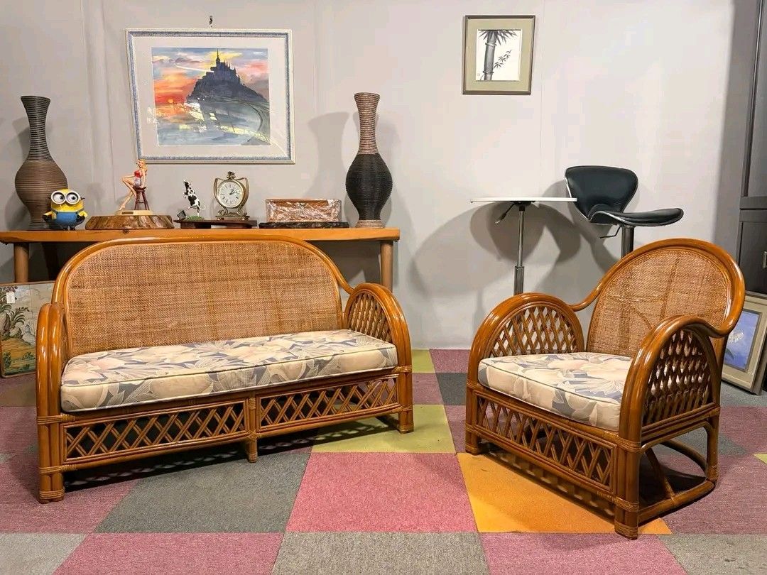 Rattan Sofa and Armchair Set (Category: Sofas) located in Valenzuela. Submitted by princeraya55649 (Listing ID 1412363032, Image 1). Description: Rattan Sofa Set AESTHETIC!!! HEAVY-DUTY!!! ANGGANDA!!! Price : 10500 set *VIDEO ON COMMENT Sofa 47L x 24W x 29H inches 1-seater 26L x 26W x 29H inches In VERY good condition Code HOMEBOSS 967.