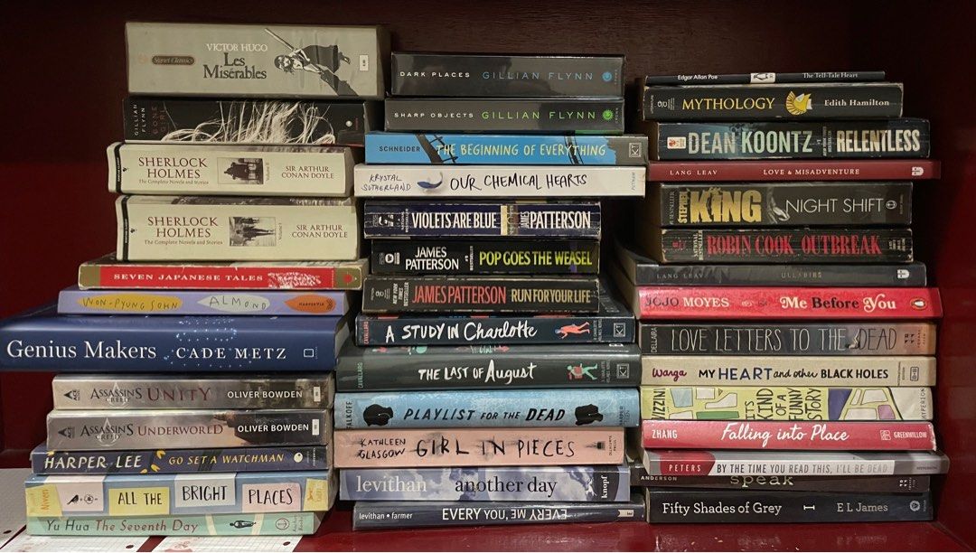 [SALE, 40 pcs + 18 free] Book Bundle (Category: Storybooks) located in Caloocan City. Submitted by dojaejungzen (Listing ID 1412340182, Image 1). Description: 40pcs + 18 free books, total of 58 ✅ ALL 100% AUTHENTIC. NO reprints. Includes titles and authors like Les Miserables, Almond, Sherlock Holmes, Gone Girl, Me Before You, Girl in Pieces, Lang Leav, Rick Riordan, etc. ‼️ This set is NOT for picky buyers. Free books have more wear and tear, so