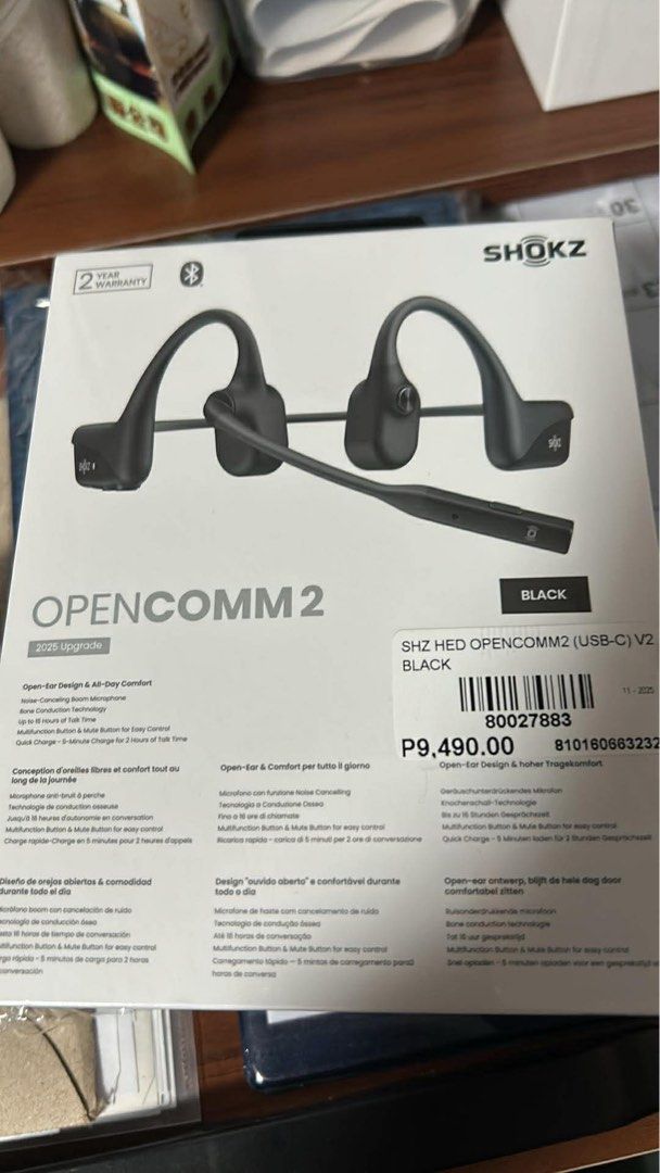 Shokz OpenComm 2 Bone Conduction Headset (Category: Headphones & Headsets) located in Manila. Submitted by lovinglyyourscloset (Listing ID 1412365381, Image 2). Description: - Shokz OpenComm 2 Bone Conduction Headset - Open-ear design for all-day comfort - Noise-canceling boom microphone - Up to 16 hours talk time - Quick charge feature - 2025 upgrade - Color: Black.