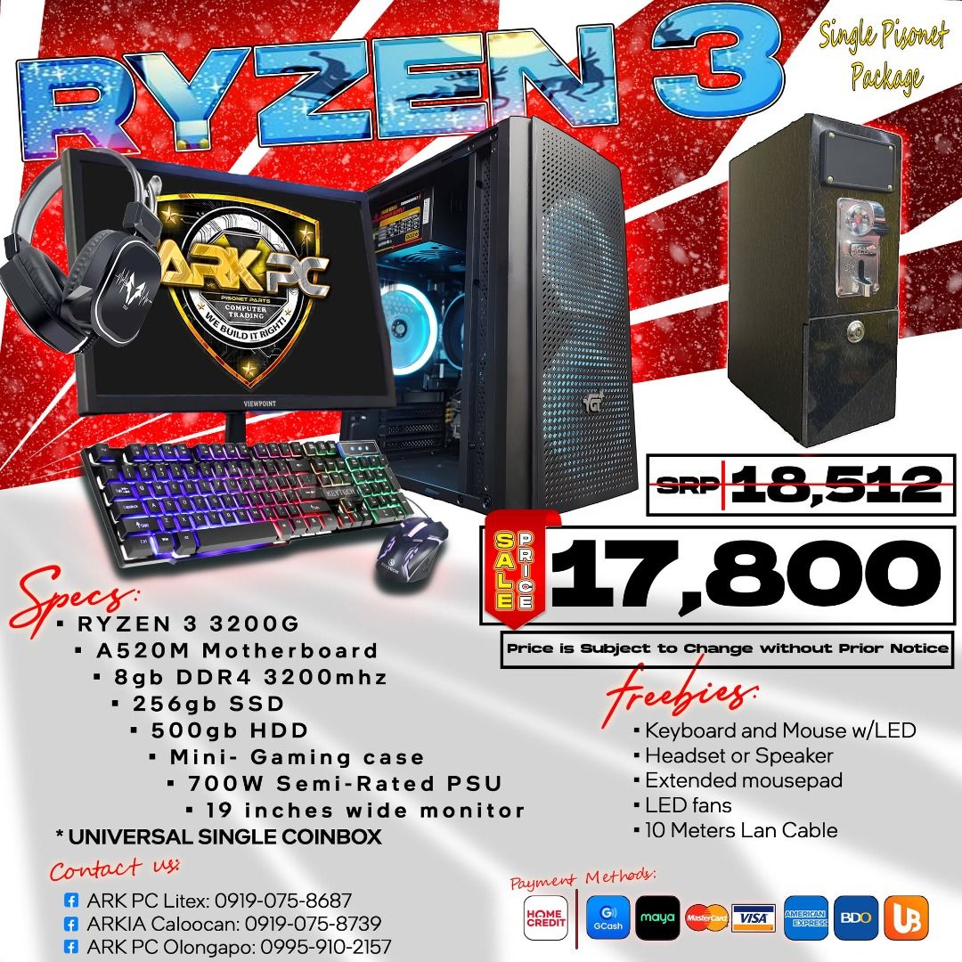 Single pisonet Package (Category: Desktops) located in Quezon City. Submitted by corrinejil63041 (Listing ID 1412375147, Image 1). Description: It's not just a computer, it's also an investment! 💻💻 SINGLE PISONET PACKAGE — RYZEN 3 3200G — RYZEN 5 3400G — RYZEN 5 5600GT — RYZEN 7 5700G There's coinbox for extra income, there's freebies for extra happiness. Let's go to ARK PC, we build it right and a real partner in life💸🔥 📲 Message us now! #c