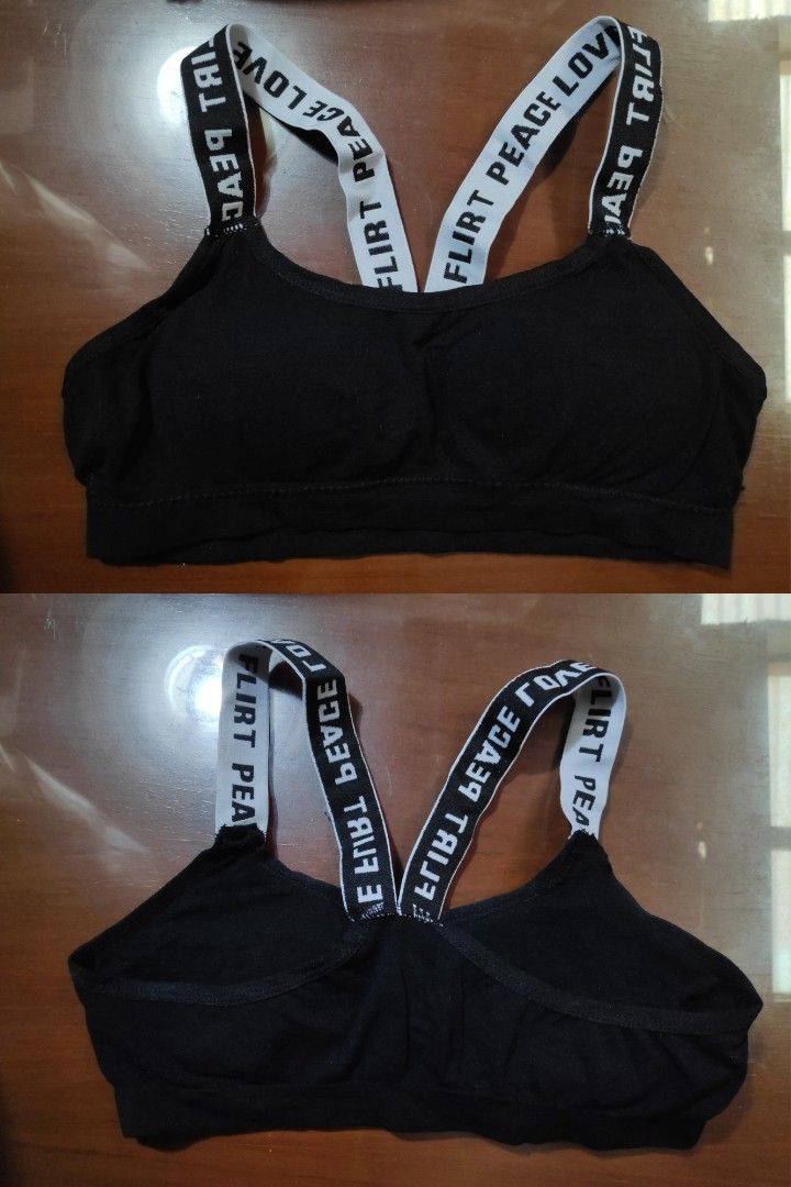Sports Bra with Lettered Straps (Category: Activewear) located in Quezon City. Submitted by j.c.declutter (Listing ID 1412398331, Image 2). Description: - Sports bra with "FLIRT PEACE LOVE" lettered straps. - Available colors: 3 pcs white, 1 pc beige, 1 pc mustard yellow, 1 pc navy blue, 1 pc black. - Suitable for low-impact activities. - Stylish and supportive design. - Perfect for everyday wear. - Removable Padding - 150 pesos for bundle of 3 p