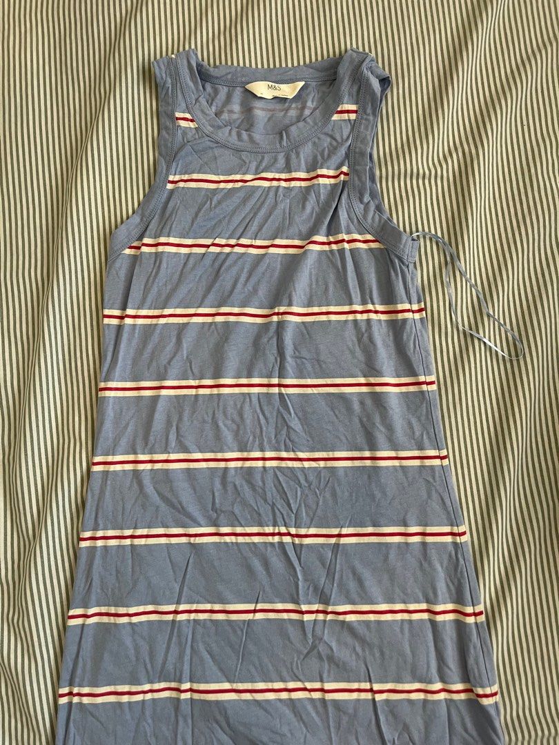 Striped Beach cover up Dress (Category: Dresses) located in Paranaque City. Submitted by mandsss21 (Listing ID 1412366583, Image 1). Description: - Sleeveless dress - Blue base with red and white horizontal stripes - Round neckline - Straight silhouette - Lightweight fabric - Suitable for warm weather - Brand tag visible.