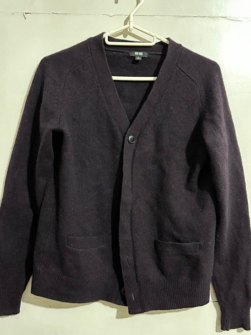 Uniqlo Wool Cardigan - Size S (Category: Coats, Jackets and Outerwear) located in Las Pinas. Submitted by lanxichen (Listing ID 1412426139, Image 1). Description: - Uniqlo cardigan - Size: S - Material: 100% wool - Color: Dark purple - Features: V-neck, button-up closure, two front pockets - Made in China.