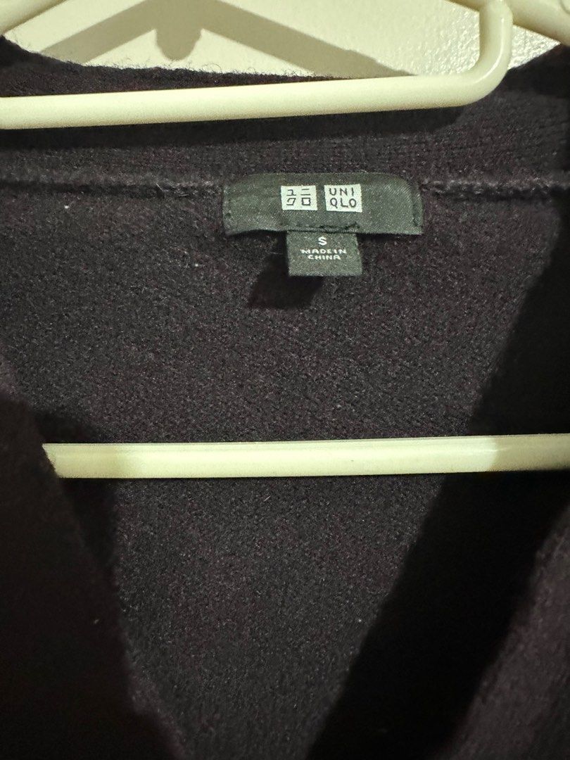 Uniqlo Wool Cardigan - Size S (Category: Coats, Jackets and Outerwear) located in Las Pinas. Submitted by lanxichen (Listing ID 1412426139, Image 2). Description: - Uniqlo cardigan - Size: S - Material: 100% wool - Color: Dark purple - Features: V-neck, button-up closure, two front pockets - Made in China.