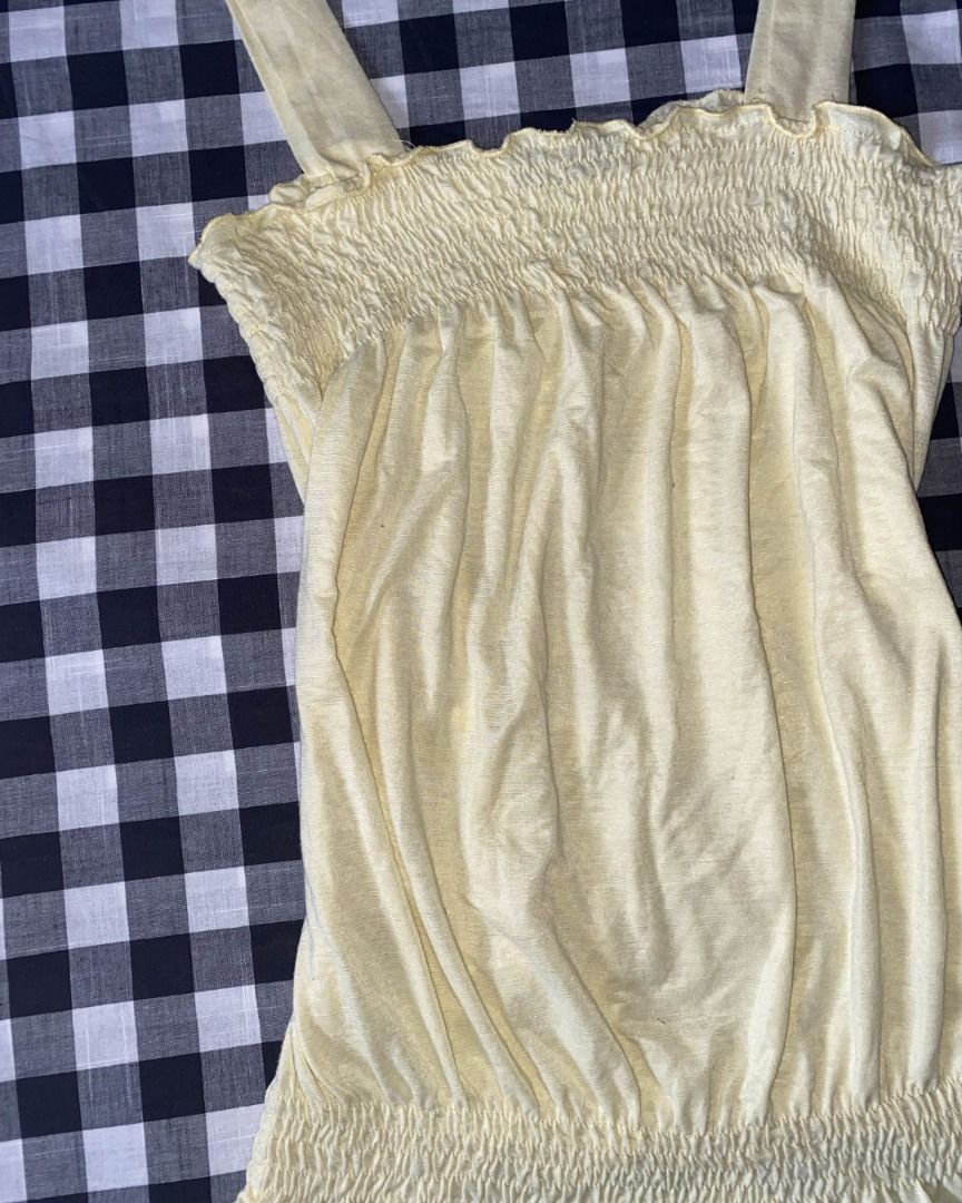 Whimsy, Cute Yellow Smocked Top (Category: Sleeveless) located in Manila. Submitted by caimixed (Listing ID 1412479487, Image 2). Description: ♪ ͜໑ ⑅ 🪽 whimsy, cute yellow smocked top ✿ size medium to semi large, perfect for hot and casual weather flaws: none !! btw the fabric is vv soft icl Mode of Delivery: J&T, buyer always handles shipping fee Mode of Payment: Gcash or Gotyme Always feel free to negotiate ^__^ tysm.