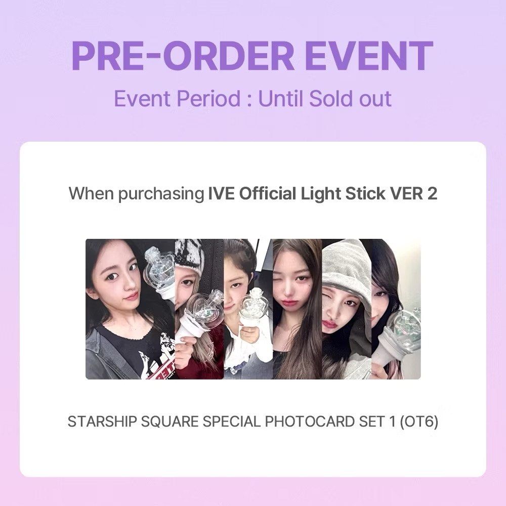[With POB PC] Official IVE Lightstick Light Stick Ver 2 + Preorder Benefit SSQ Photocard Set (Category: K-Wave Merchandise) located in Singapore. Submitted by salesksf (Listing ID 1412518702, Image 2). Description: Official and Sealed Ready Stock for shipment 📦FREE Tracked courier (safe packaging cardboard box, ships from Korea to your doorstep in SG ETA ~4 working days). Includes Starship Square POB Photocard set (6 PCs) Non-negotiable. No self
