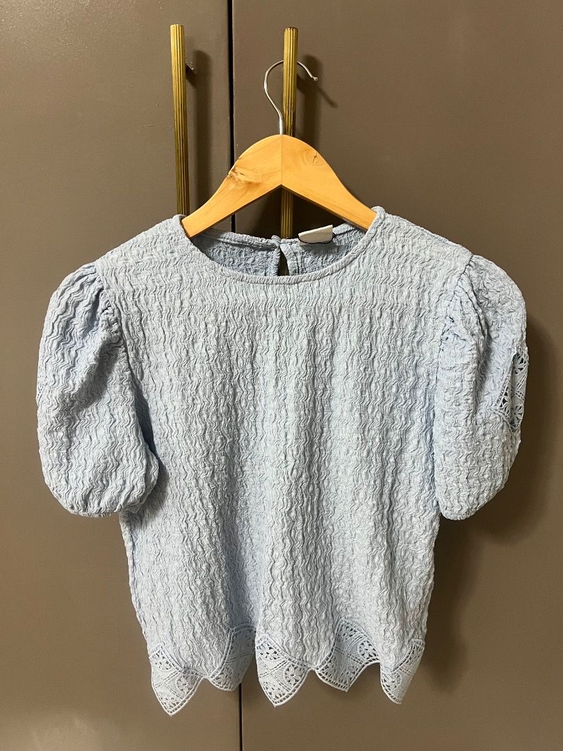Zara blouse size S (Category: Blouses) located in Manila. Submitted by cluttercrushers (Listing ID 1412344727, Image 3). Description: Light blue textured ZARA blouse Can fit XS to Small adult size Petite Good condition.