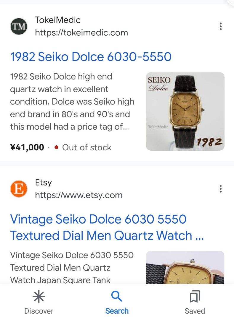1982 Seiko Dolce (Category: Luxury Watches) located in Baguio. Submitted by ashzachary (Listing ID 1407688411, Image 2). Description: 1982 Seiko Dolce As is only Condition :Excellent condition Color rate 9.5/10 code 6030-5550 Japan gold na gold pa issues use na bracelet palitang nyo na lng if gusto nyo No flaws Super ganda sa personal Pm. More details Good quality Plsss 📌No Bogus 📌No return MOP What you see is what you get PALAWAN, CEBUNA GCASH
