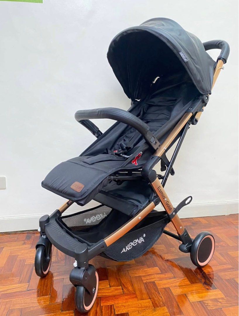 Akeeva Esmio Gold Stroller (Category: Strollers) located in San Juan City. Submitted by kriszy_coo (Listing ID 1407665363, Image 1). Description: Bandnew. Akeeva Travel Stroller (Esmio Gold) A lightweight travel stroller with a aluminum frame with handle for easy mobility and bag included for diaper and baby bottle. Self-standing when folded with removable front bar that’s suitable from birth. It has an infinite backrest adjustment and a 1 hand f